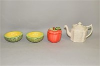 ASSORTED POTTERY -Two melon bowls, white teapot,