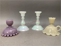 Opalescent, Custard, & Slag Glass Candle Sticks