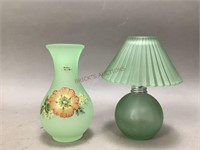Frosted Green Glass Viking Vase & Lefton Oil Light