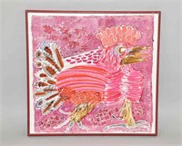 PAINTING ON FABRIC -Red rooster. Inscribed LR: