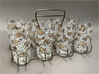 MCM Gold Roses with White Leaves Glasses & Carrier