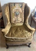 Antique Needle Point Upholstered Wing Back Chair