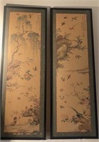Pair of Asian Floral Art Pieces on Boards 12.5” x