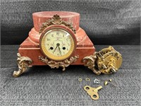 Red Marble Column Base Clock with Parts