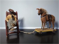Antique Male Doll with Horse Pull Toy