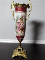 Porcelain and Metal Pictorial Vase - 9"