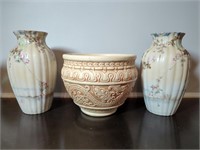Pair of Antique Asian Vases and Ornate Bowl