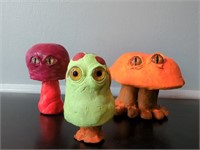 3 Handmade Mushroom Clay Figurines-Glass Eyes