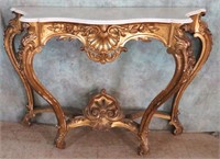 VINTAGE ORNATE FOYER ENTRY TABLE WITH MARBLE TOP