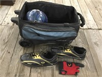 BOWLING BAG WITH BALL, GLOVE, AND SIZE 12 SHOES