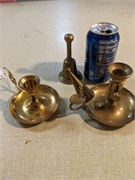 BRASS CANDLE HOLDERS, FLAME SNUFFER, BRASS BELL