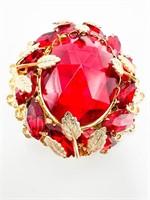 LARGE RED STONE  FACETED BROOCH