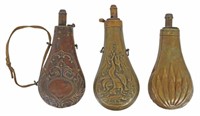(3) ANTIQUE REPOUSEE DECORATED POWDER FLASKS