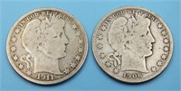 BARBER HALF DOLLARS 1906 S & 1911 S