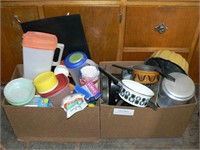 2 large boxes with pots and pans, bakeware,