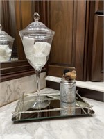 GLASS APOTHECARY JAR AND MIRRORED TRAY
