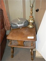 Pine end table, table lamp, Sony CD player with