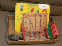 Large flat of vintage toys: stagecoach bank,