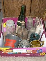 Box with canning jars, beer bucket, wine bottles,