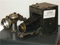 Vintage Columbia bicycle lantern, wooden box