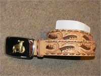 Tooled leather kid's belt with bronco belt buckle