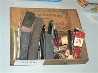 Cigar box with straight razors, safety razors,