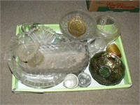 Flat with small carnival glass bowl, cut crystal