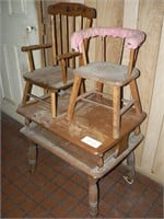 2-tiered end table, 2 child's wooden chairs