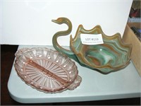 Art glass swan, pink Depression relish dish