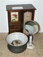 Enamel cast iron spittoon, jewelry box, dresser