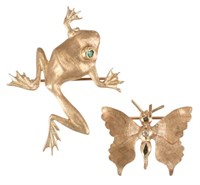 (2) 14KT YELLOW GOLD FROG & BUTTERFLY BROOCHES