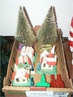 Flat with cardboard houses, 2 bottle brush trees