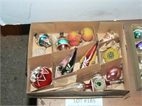 Box of mercury glass ornaments including tree