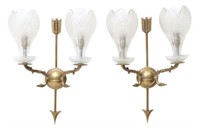 2) FRENCH EMPIRE STYLE BRONZE & GLASS 2-LT SCONCES