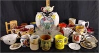 Compote, mugs, centerpiece bowl, vase, clock,