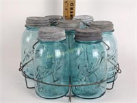 Ball canning jars with zinc lids, jar holder