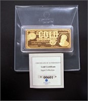 1882 $20 GOLD CERTIFICATE REPLICA INGOT