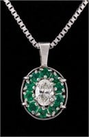 14K Diamond Emerald Pendant Necklace Set