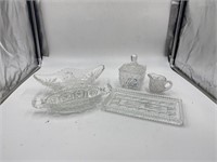 cut glass relish dishes, tray, small creamer and