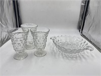 3 fostoria american water glasses and serving bowl