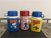 3 thermos- Snoopy, Charlie Brown, Cracker Jack