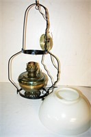 Hanging Metal & Brass Lamp w/ Milkglass Shade