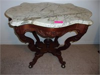 Walnut Eastlake Marble Top Rose Carved Table*