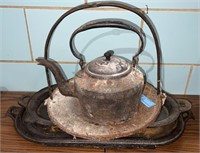 CAST IRON GRIDDLES, TEA POT & SCALES TRAY