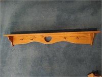 Oak wall shelf with heart and hooks 48"