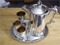Silver plate insulated water pitcher, tray, 2 glat