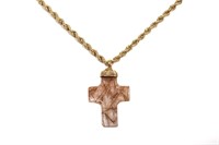 LONG 14K GOLD CHAIN WITH  AGATE CROSS PENDANT, 26g