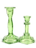 2 Green Glass Candlesticks 5.5" to 7.5"
