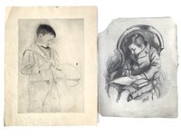 2 Portraits Etching Boy Artist, Drawing Boy Chair
