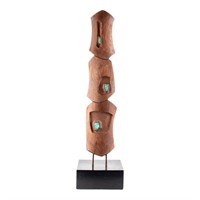 Art Wood Totem Pole Turquoise Sculpture by Emory